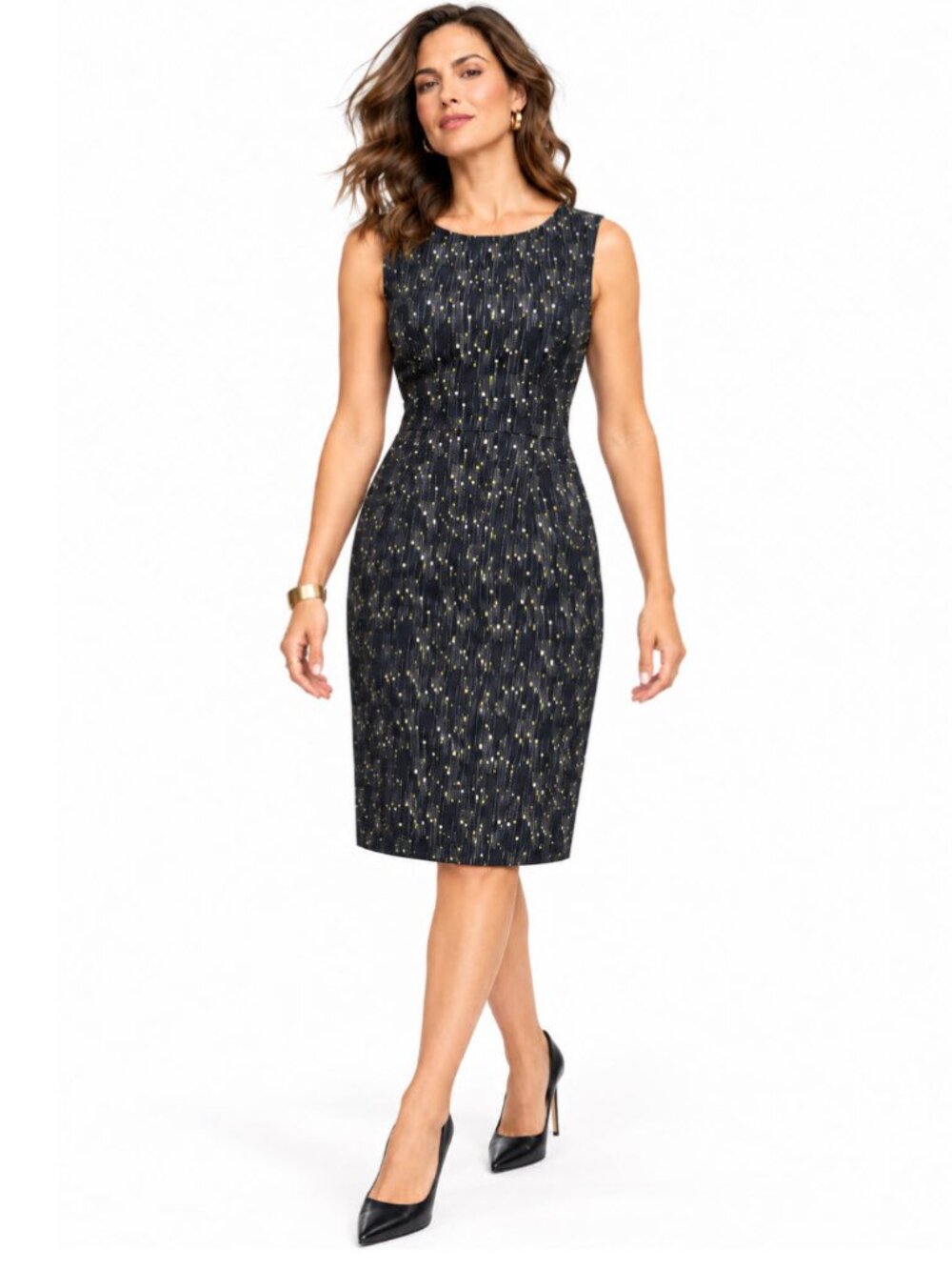 Comrags Navy Geometric Sleeveless Sheath Midi Dress M Classic Preppy Chic Office